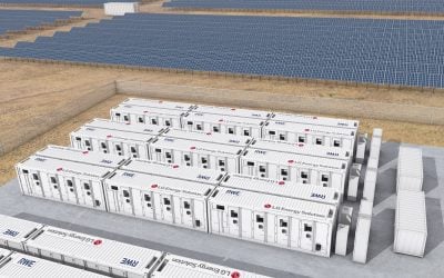 Illustrative rendering of a solar-plus-storage project with LG ES containerised BESS. Image: LG Energy Solution.