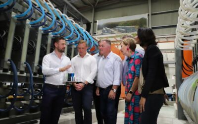 Queensland's premier Steven Miles (second from left) is shown around Vecco's facilities in Townsville. Image: Townsville Enterprise